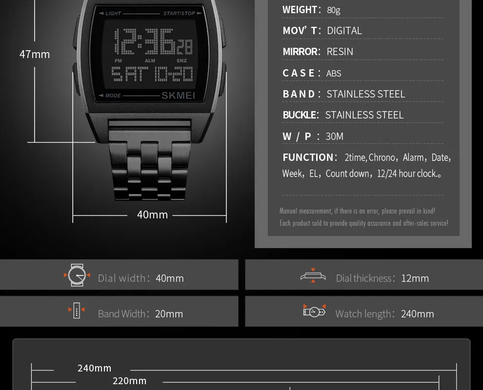 SKMEI 1368 мужские цифровые наручные часы с ремешком из нержавеющей стали, светящиеся часы с датой недели 12/24 часов, мужские водонепроницаемые часы
