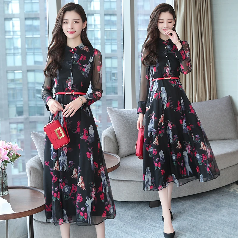 

Autumn Winter Plus Size Vintage Floral Chiffon Midi Dresses 2019 Korean Women Elegant Bodycon Tshirt Dress Runway Maxi Vestidos