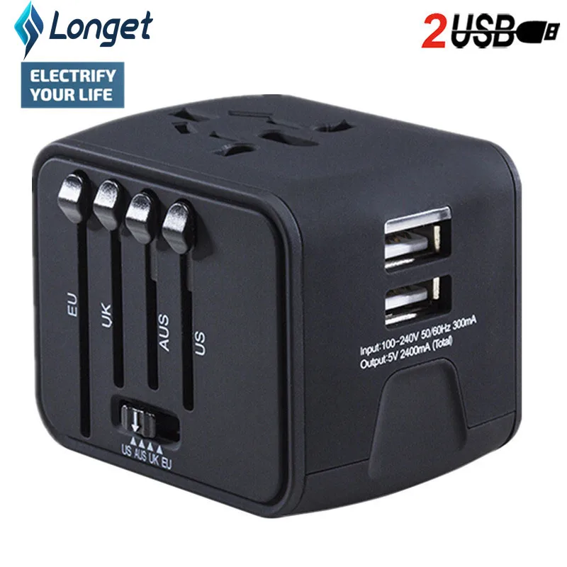 

Longet Dual USB Adapter Iron-M All-in-one International Travel Charger 2.4A Universal Travel Wall Charger for US, UK ,EU, AU