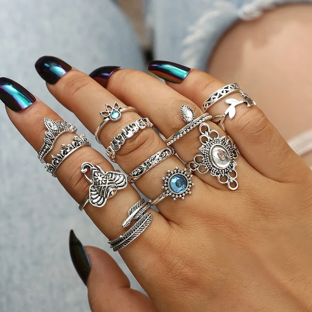 HuaTang Antique Silver Crystal Ring Set Knuckle Wedding Ring Set Geoemtric Elephant Opals Rings Anillos Anel Rings Jewelry 6581