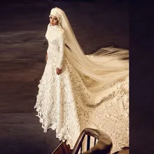 Muslim A Line Wedding Dress With Hijab Long Sleeve Vestidos De Noiva Appliques Wedding Dresses Robe De Mariage Casamento 2015