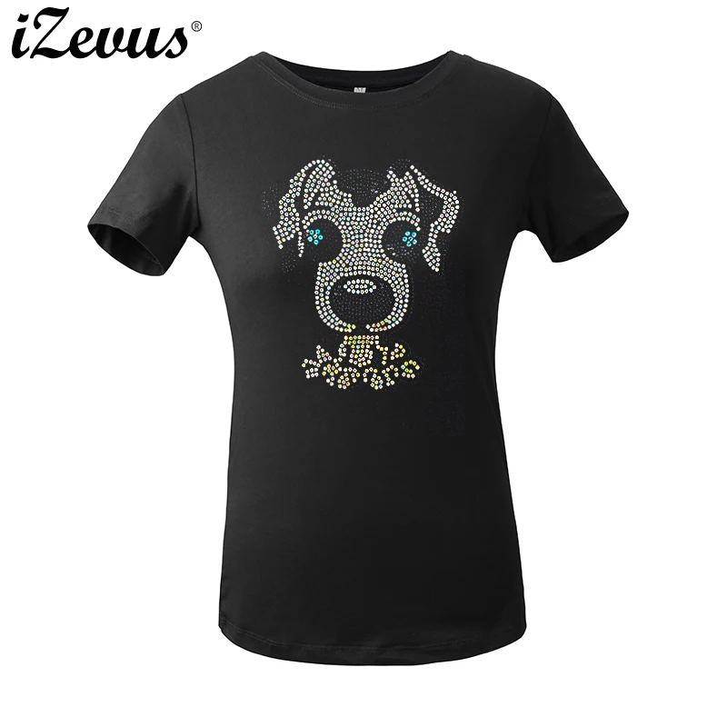 IZEVUS New T-Shirt Women Beading Cartoon Dogs Short Sleeve Summer Top Shoulder T Shirt Tops Tee Shirts Lovely Femme | Женская одежда
