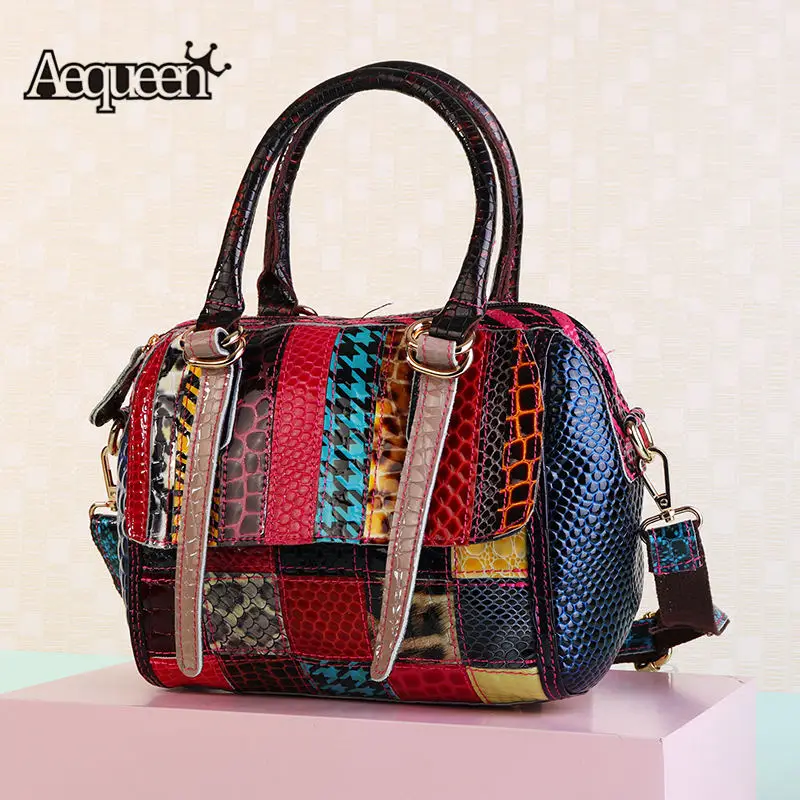 

AEQUEEN Colorful Genuine Leather Handbags Women Shoulder Bags Small Shell Crossbody Hand Bag Patchwork Purse Bolsos Random Color