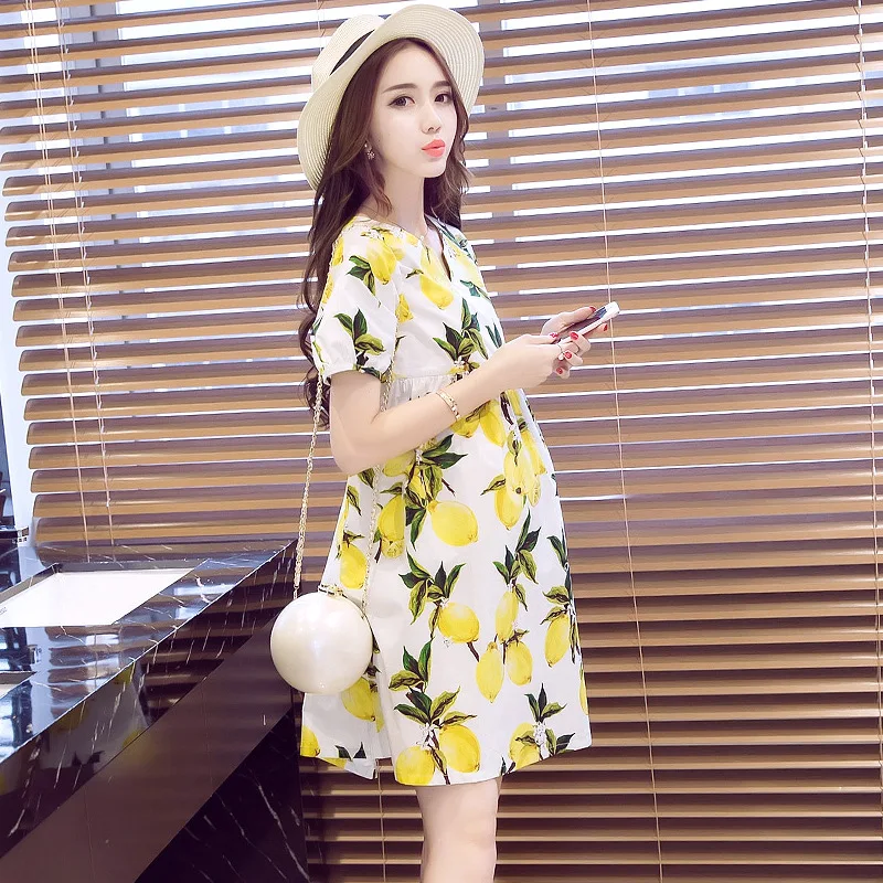 

New High Quality Casual Nursing Dress Fruit Print V-neck Belt Breathable Dresses For Pregnant Women Maternity Clothes For Photos