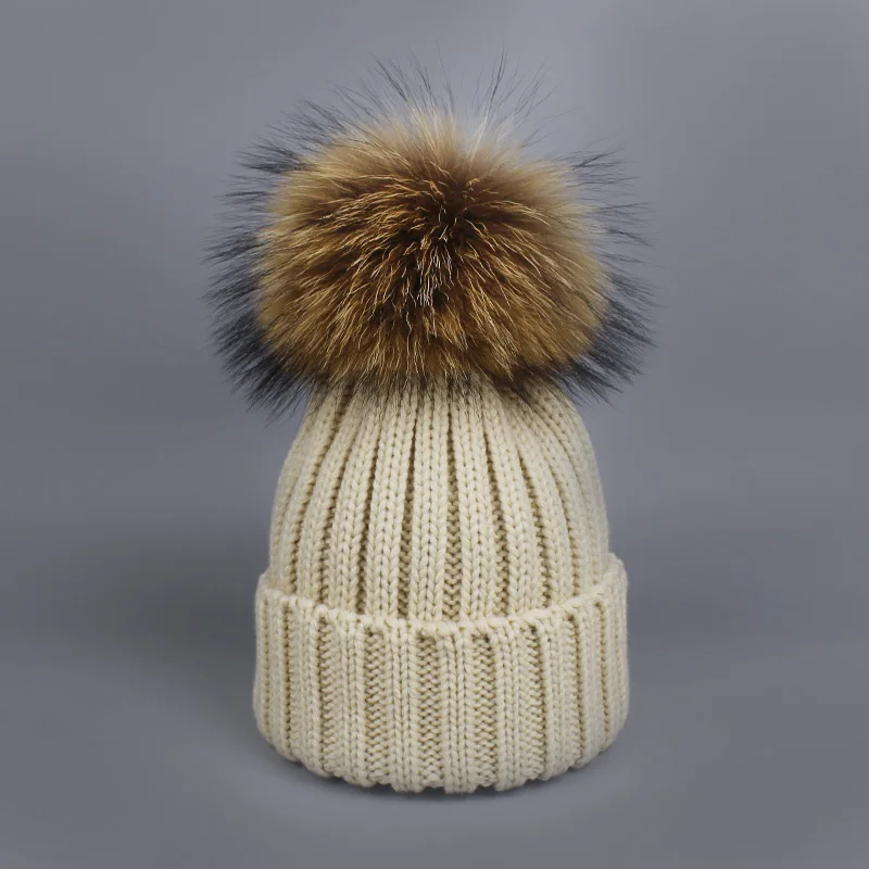 Hat Beige Г. Шапка с помпоном для девочек, теплые вязаные с помпоном из меха, шапка с помпоном и шарф, комплект, детская зимняя шапка с помпоном из натурального меха енота, Skullies - Цвет: Hat Beige