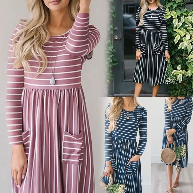 

Women Spring Long Sleeves O-Neck Midi A-Line Dress Irregular Stripes Patchwork High Waist Pleated Double Pockets Front Pullover