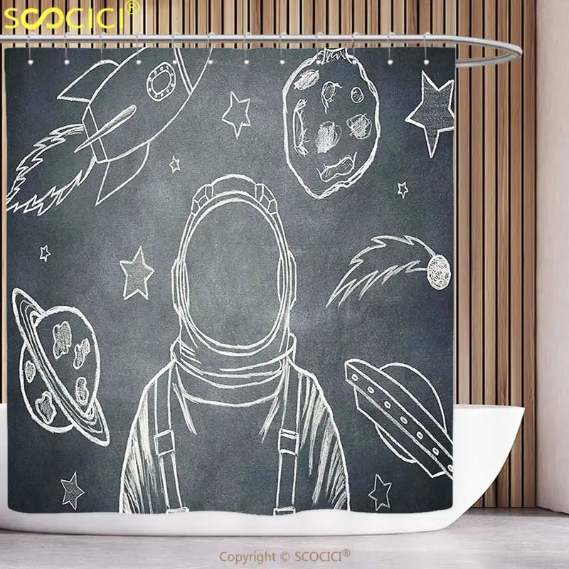 

Polyester Shower Curtain Modern Decor Space Backdrop with Planets Rocket and Sketchy Astronaut Figure Galaxy Image Dark Grey