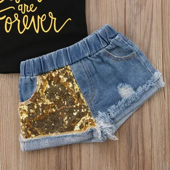 Summer Toddler Kids Baby Girl Letter Print T-shirt Tops+Sequins Denim Shorts Jeans 2PCS Outfits Children Clothing Set 5