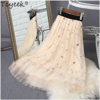

Tcyeek Spring Summer Women's Long Mesh Skirts Female Autumn Skirt Office Ladies Sweet Embroidery Floral Party Clothing LWL369