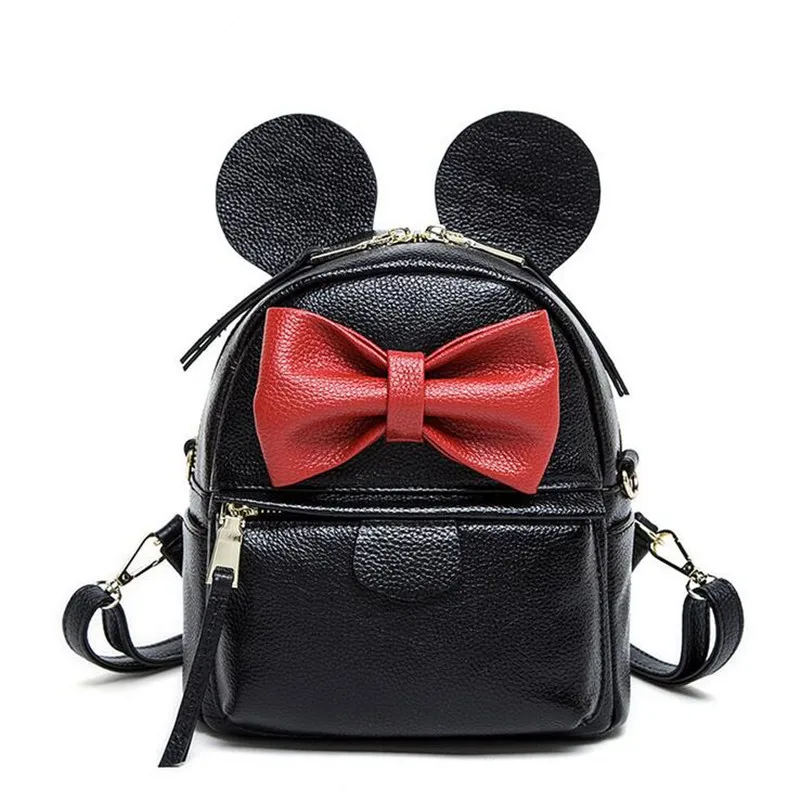 

2016 Preppy Style Women Backpack Genuine Leather Black Mini Bow Design Shoulder School Bags For Girl Travel Backpacks