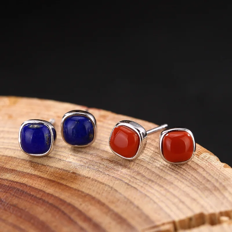 Bali India and Nepal Handmade Lapis lazuli 925 Sterling Silver Stud Earrings Natural Stone For Women Wedding Gift | Украшения и