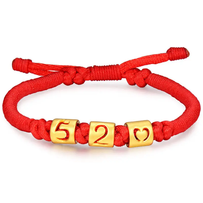 

Solid 24k Yellow Gold 3D Lucky 520 LOVE Red Cord Knitted Bracelet 16.5cm