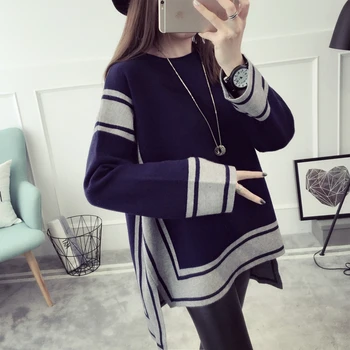 

Winter Women Warm Thick Charecter Geometric Contrast Color Patchwork Sweater Oversized Loose Female Pullover Jumper Coat Tops