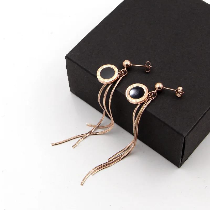 Fashion jewelry steel ball earrings hanging black Roman numeral round cake snake bone chain tassel rose gold women earrings gift