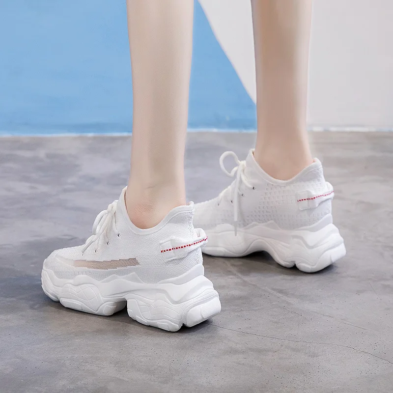 

8 cm high white shoes new 2019 net shoes spring and summer flying woven casual wild women's shoes.
