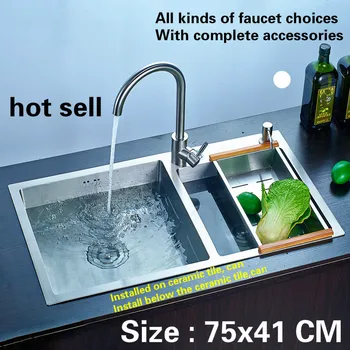 Best Free Shipping Kitchen Sink Durable 304 Stainless Steel 3 Mm Hand Made Double Trough Hot Sell 75x41 CM