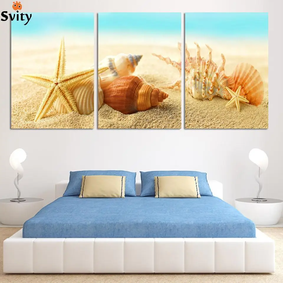 HD Large Beach sea star and conch Canvas Seascapes Paintings 3 Piece Wall Art Coconut Home Decor Sea Pictureunique gift | Дом и сад