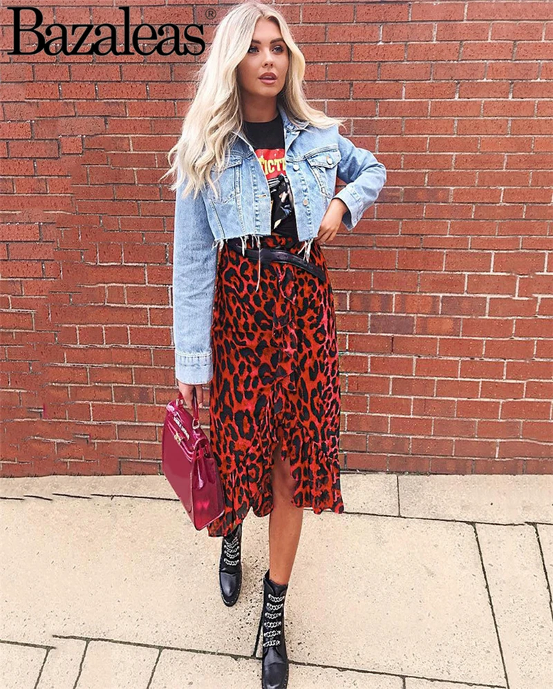 red leopard print denim skirt