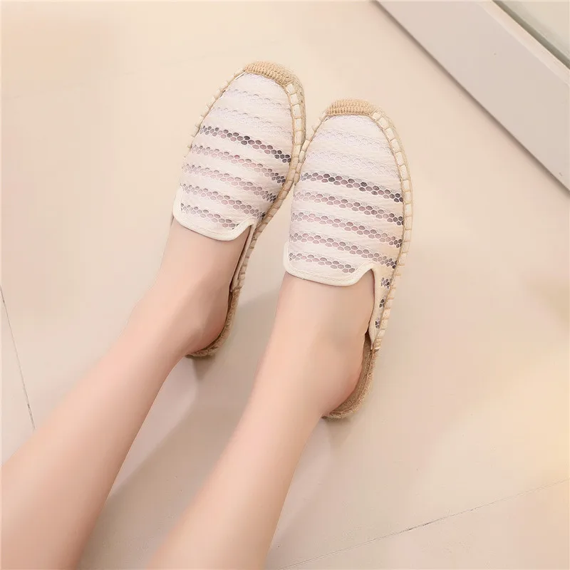 Women Half Slippers Espadrilles Lace Cut-outs Black Women's Sandals Wear Simple Slides Casual Ladies Mules Flat Fisherman Shoes  (19)