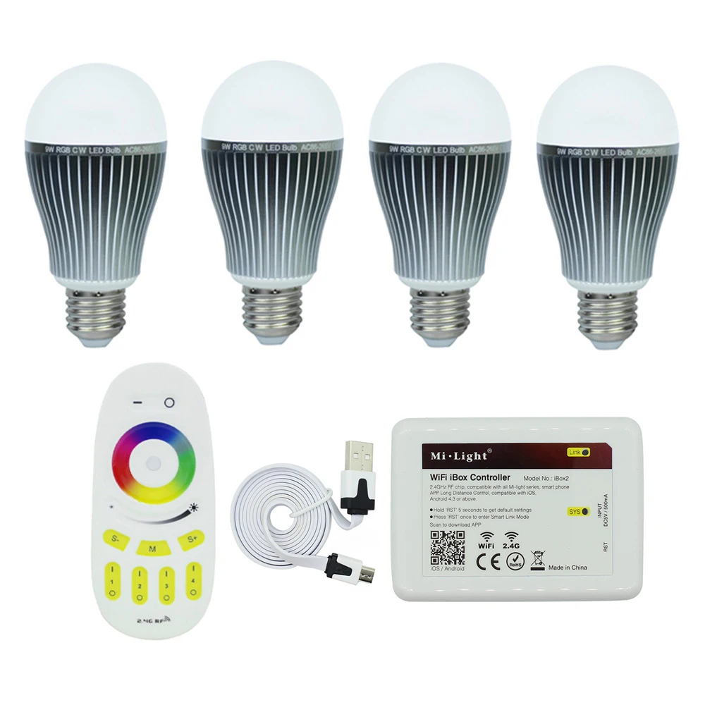 

Milight 4pcs 9W E27 LED bulbs & 4 Zone Remote&1 pcs WIFI controller RGBCW or RGBWW AC85-265V led lighting