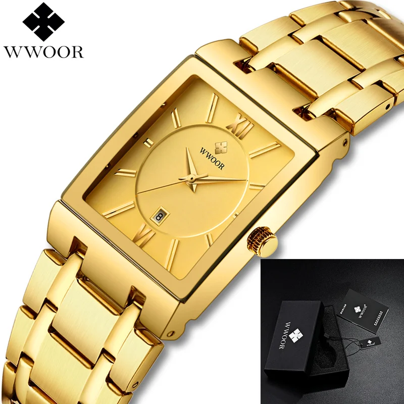 

Men Watches Top Brand Luxury WWOOR Gold Black Square Quartz watch men 2019 Waterproof Golden Male Wristwatch Men watches 2019