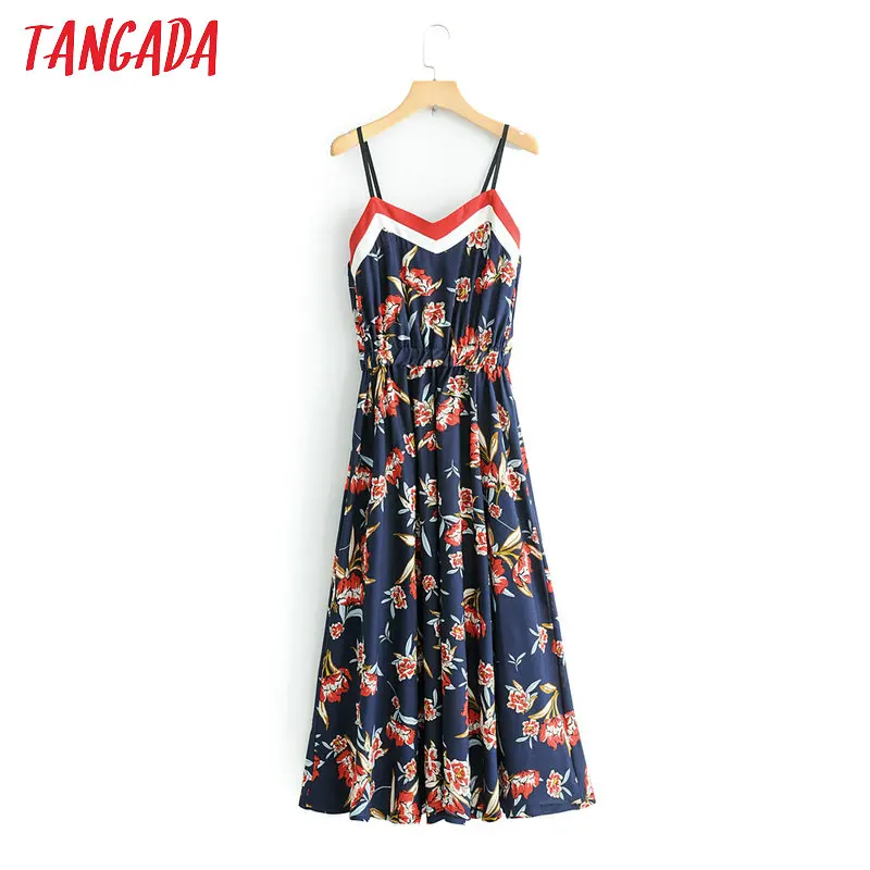 

Tangada women vintage style pleated maxI dress flower print v-neck 2019 ladies dress summer spaghetti strap dresse vestido ZL47
