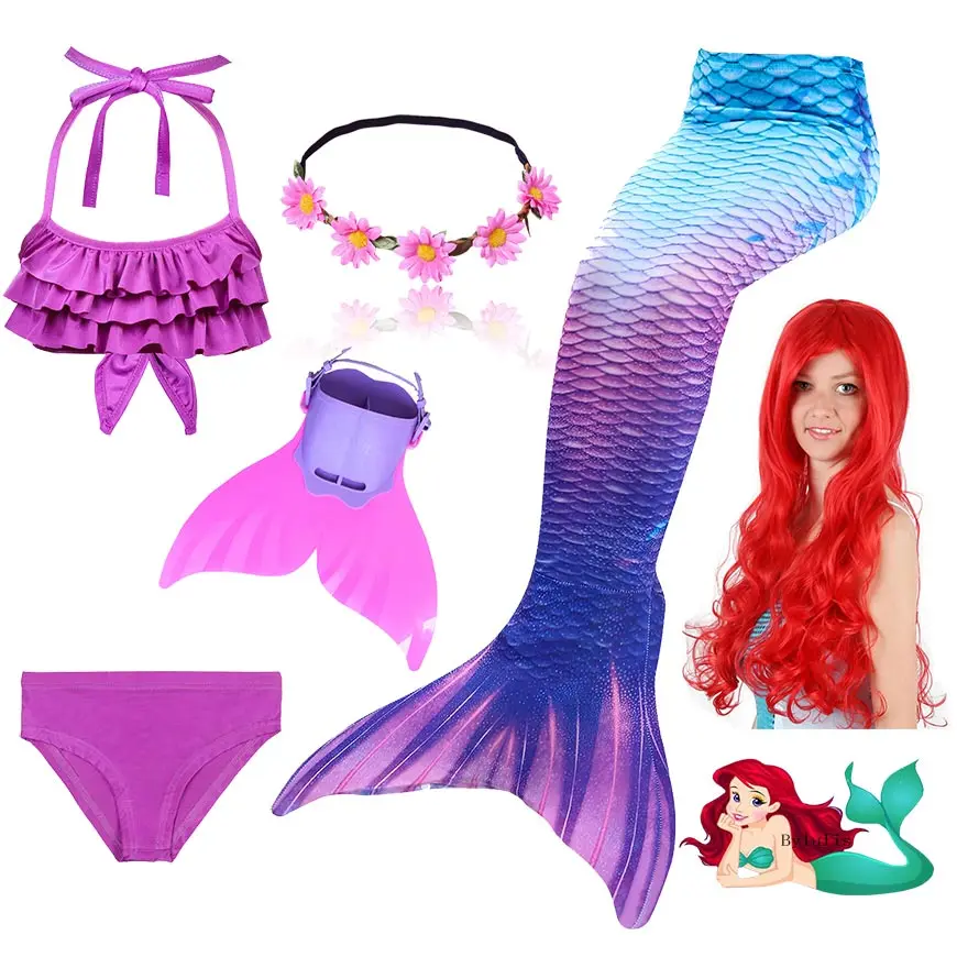 

New Kids Ariel Mermaid Tail Swimmable Bathing Suit Bikini Girls Mermaid Swimsuit Costume Mermaid Tail with Monofin Flippers Wig