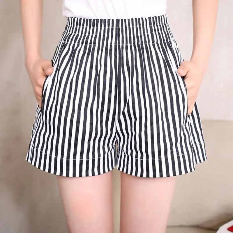 

Summer Woman Fashion Loose Vertical Striped Shorts High Waist Casual Beach