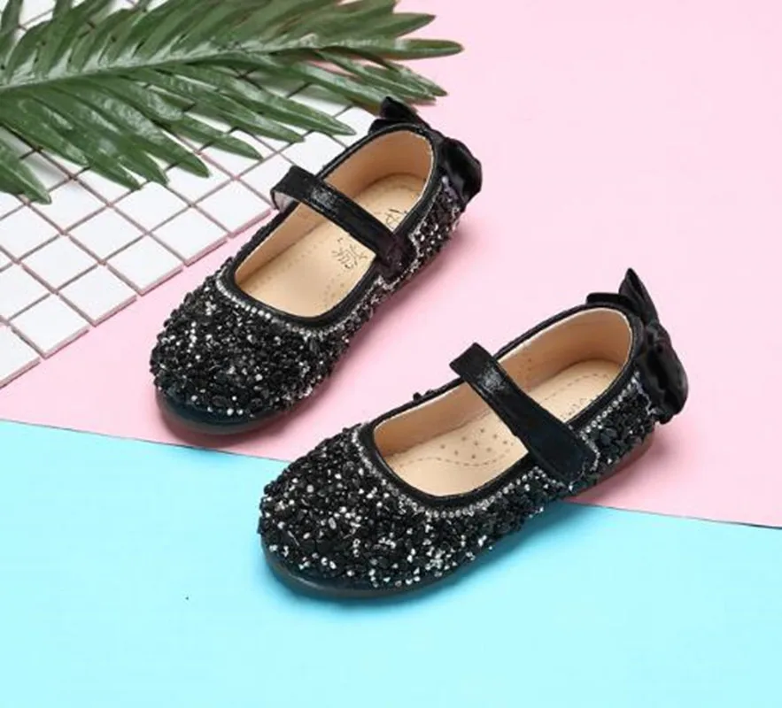 Black pink Silver Childrens leather shoes Girl Rhinestone Sequin Princess shoes Kids dancing Wedding Party Shoes For Baby Girl