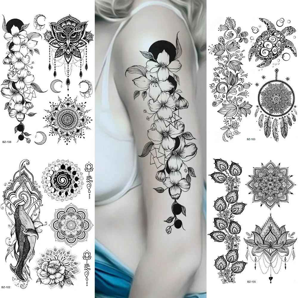 Pulsera grande Floral búho Henna Mandala India tatuajes pegatina falsa mujeres brazo tatuajes colgantes niñas pájaros negros tatuajes| Tatuajes temporales| - AliExpress