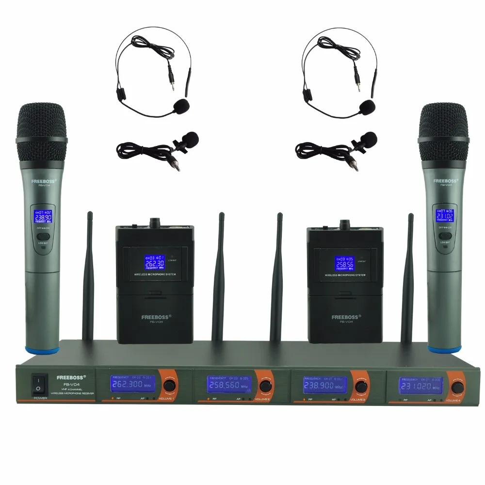 

FB-V04H2 RU/BR/US Warehoue Professional Microphone VHF KTV Party Mic System 2 Handheld and 2 Headset Wireless Karaoke Microphone