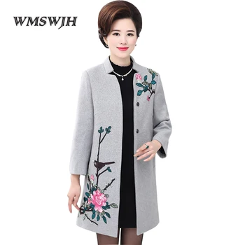 

2019 NEW Middle aged Fashion Woolen Overcoat Plus Size Autumn Winter Jacket Coats Women Vintage Floral Embroidery Wool Coat