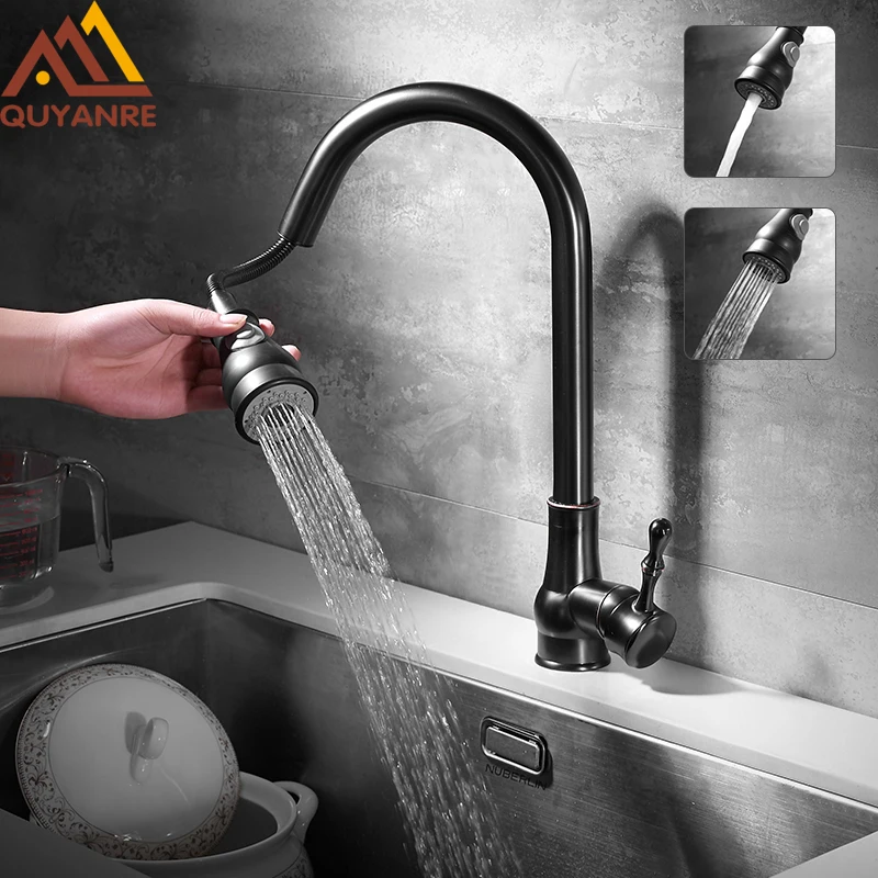 Quyanre Black Gold Pull Out Kitchen Faucet 2 way Pull Out Spray 360