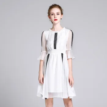 

Summer Silk Dress Women 2019 New Lace Patchwork Ruffles O-Neck Flare Sleeved Elastic Waist Slim A-Line Short Dress Perspective