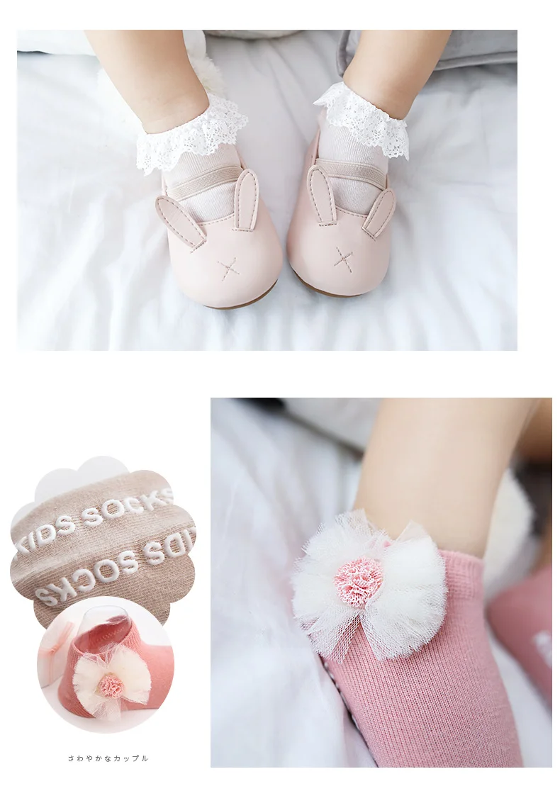 3 пары мягких Хлопковых Носков по щиколотку для новорожденных девочек, нескользящие носки-тапочки для малышей, носки с объемным бантом и цветочным принтом для детей 0-3 лет