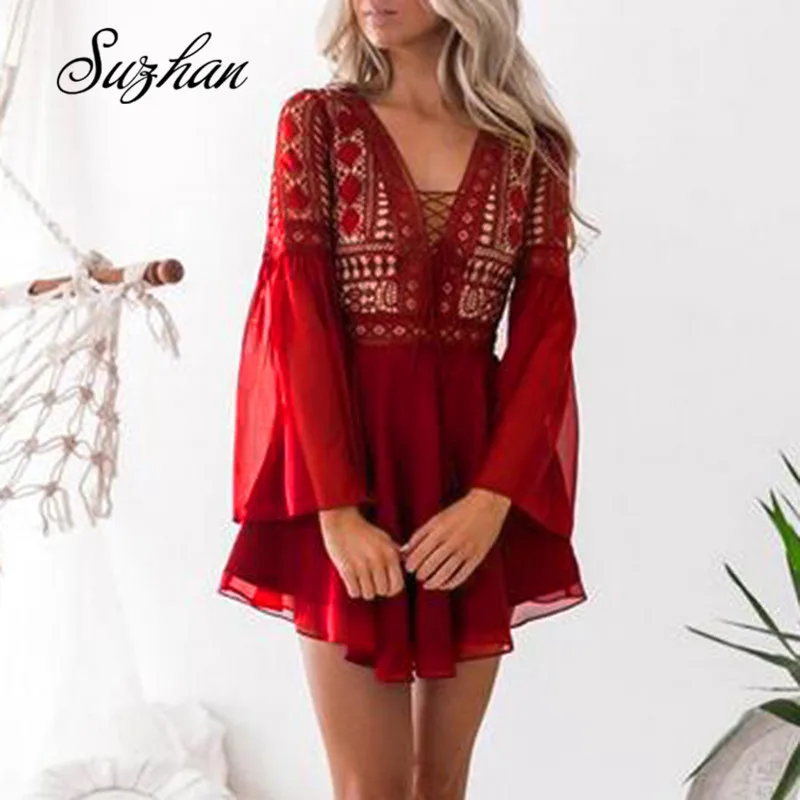 

Suzhan 2019 England Style Embroidered Dress Women Half Horn Sleeve V Neck Mesh Mini Dress Vestidos Slim Dresses