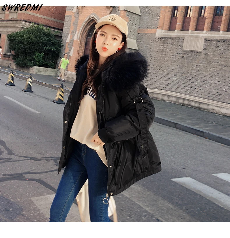 SWREDMI Women Winter Short Jacket Female Hooded Parkas Loose Cotton Padded Coat Mujer Thick Warm Slim Jacket Fur Collar