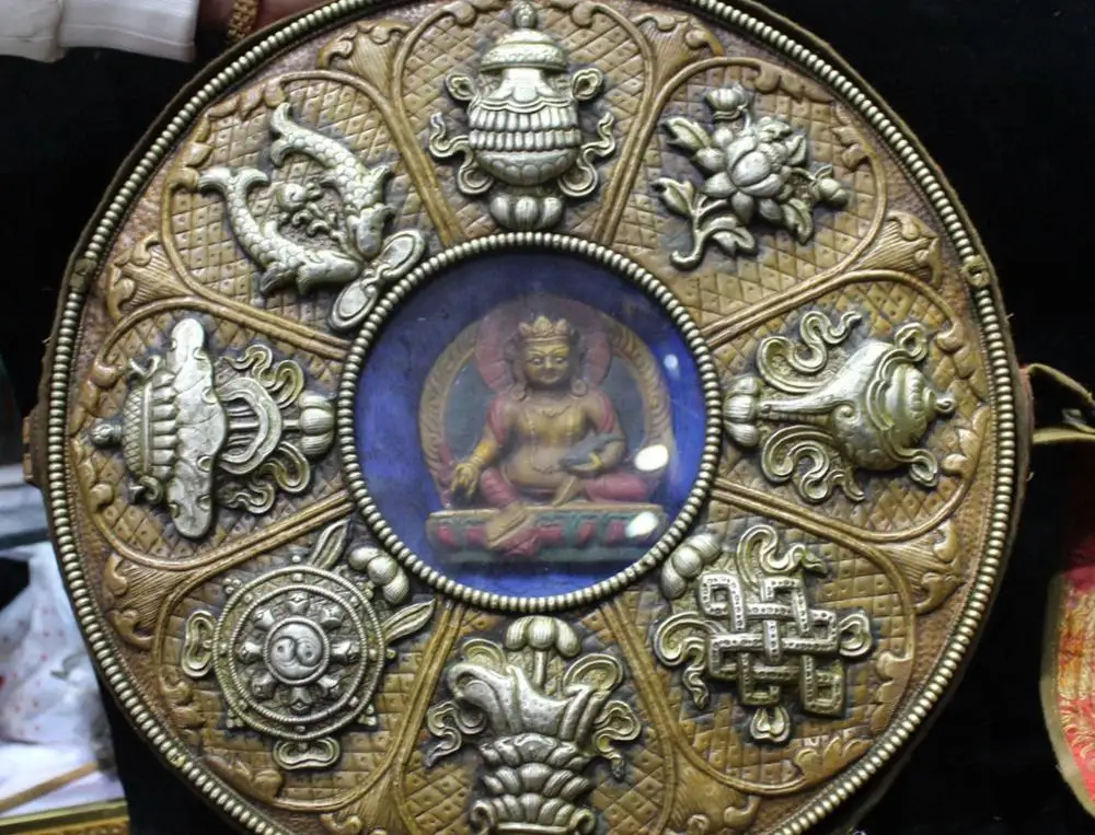 

16" Large Tibet Bronze Auspicious 8 Symbol Yellow Buddha Ghau Shrine Box Statue