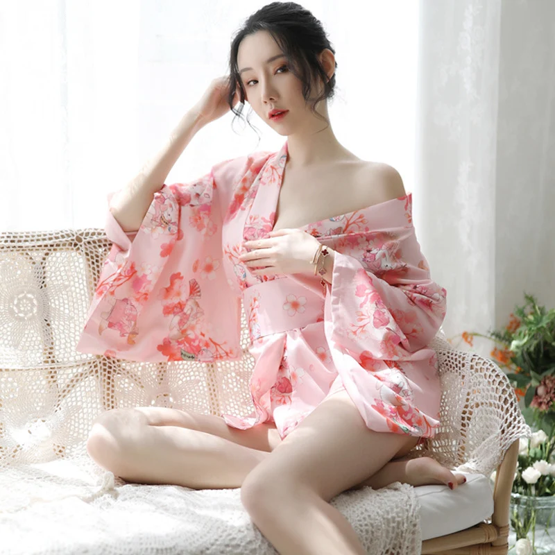 Sakura Girl Kimono Dress Japanese Style Yukata Bathrobe Women Floral Print Haori Japan Uniform Cosplay Costume Party Short Gown