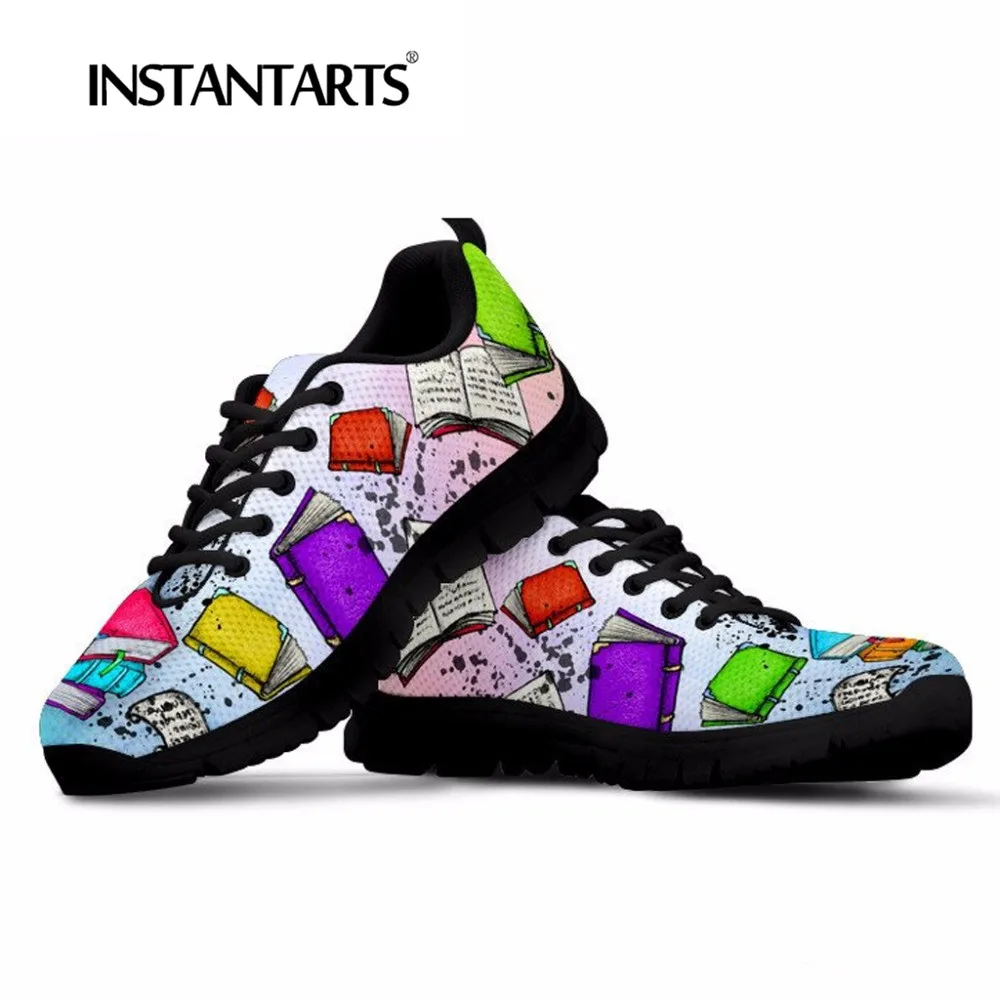 

INSTANTARTS Fashion Sneakers Women Casual Breathable Mesh Flats Shoes Book Reader Print Youth Girl Lace Up Flats Tenis Feminino