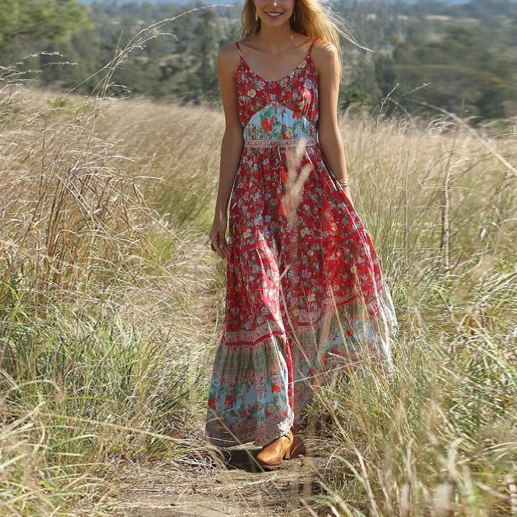 

FEITONG New Fashion Women's Summer Bohemian Printed Waist V-Collar Chiffon Beach Long Dresses 2019