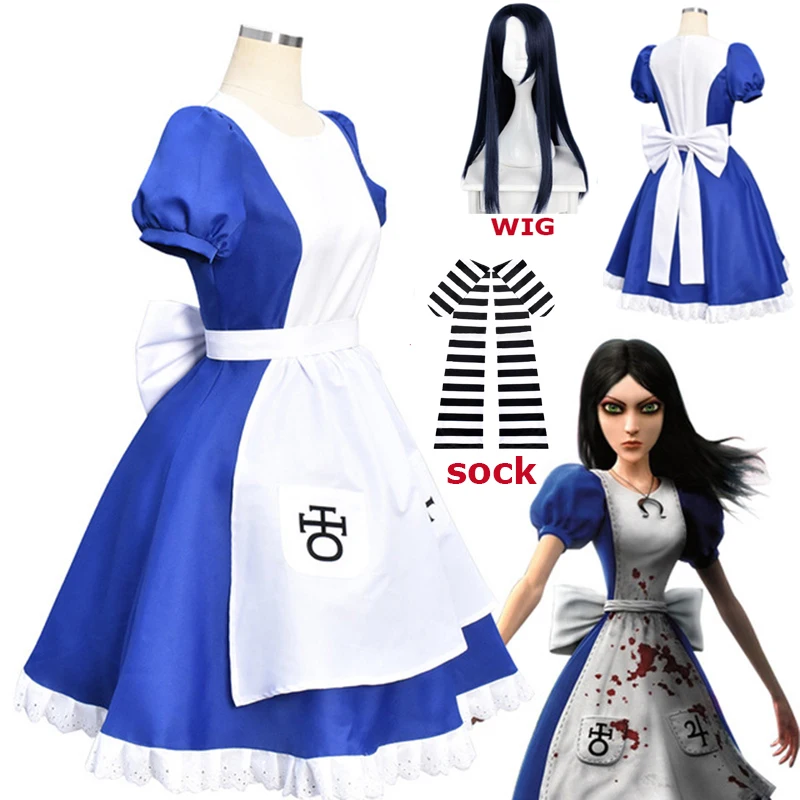 

5pcs/set Game Alice Madness Returns Party Cosplay Costume Halloween Carnival Uniforms Blue Maid Dress Restaurant Servant Outfit