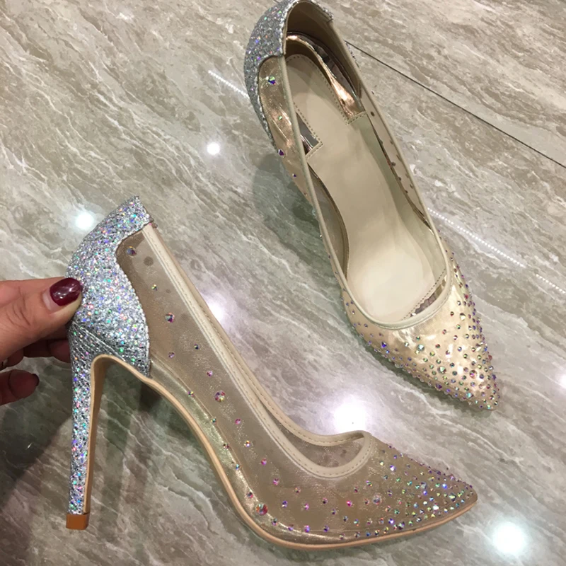 As on Slip Argent En Bout as Robe Bling Femme Pointu Sexy Cristal Color Maille Color Hauts Chaussures Talons Pompes Mode De À Showed Luxe SwZqxH6
