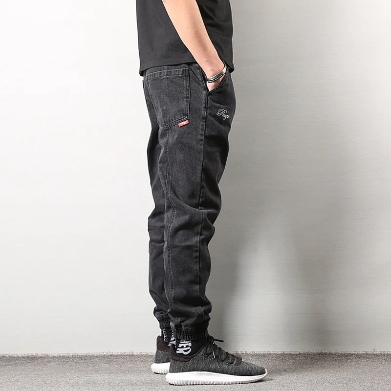 Японский стиль, модные мужские джинсы, черный цвет, высокая улица, свободный крой, брюки-карго, эластичные, на лодыжке, в стиле хип-хоп, для бега, джинсы для мужчин