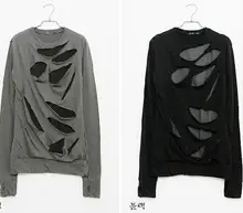 New Style Personalized Fashion Art Exaggerated False Two Peice Hole Design T shirt Long Sleeve Men