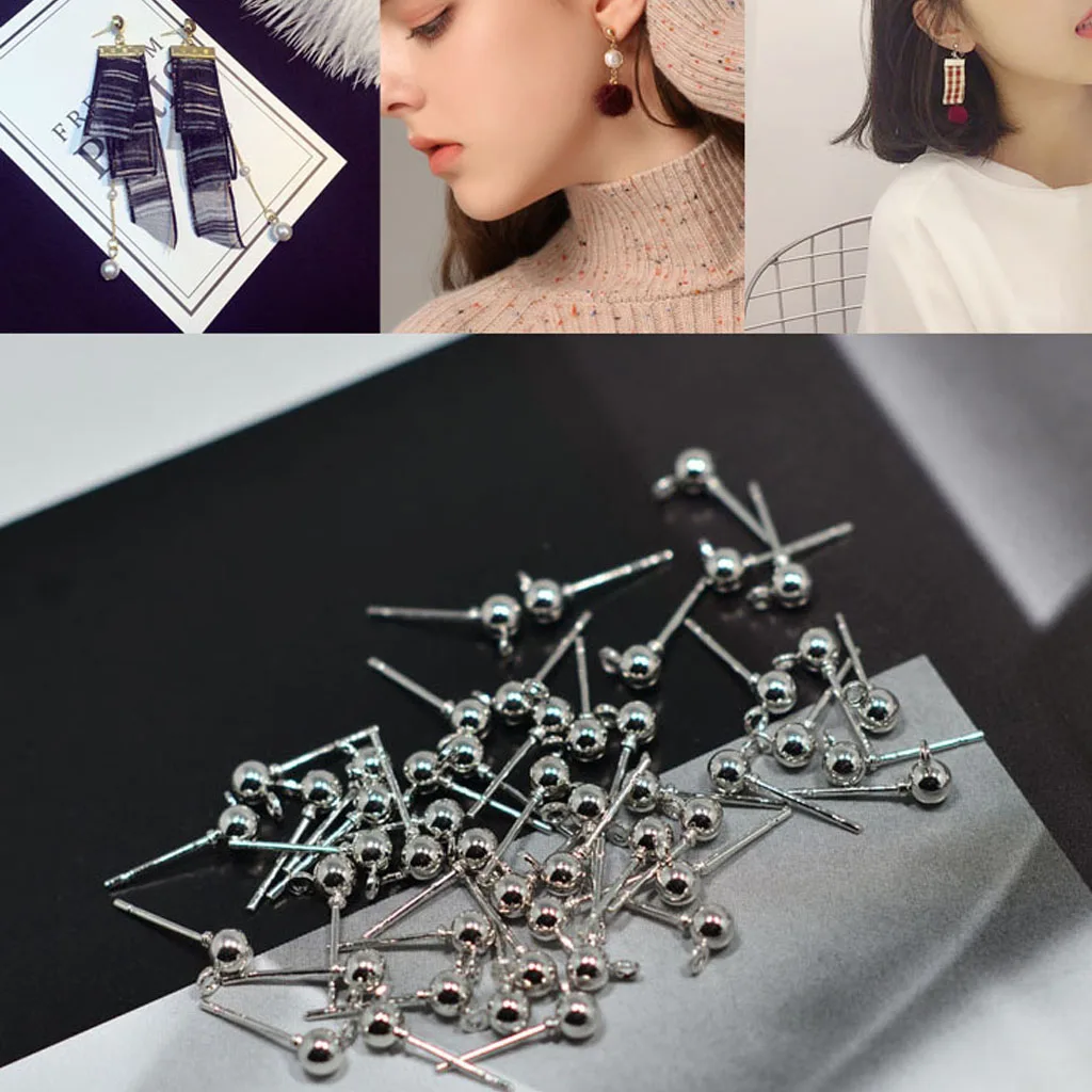 50pcs Ball Ear Pin Studs Earring Posts with Loop Jewelry Making Supplies 15x6mm