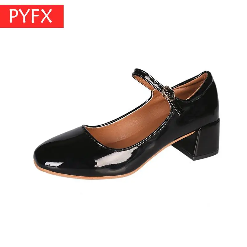 

Summer England retro with square head patent leather black aristocratic style women's high heels Low-key costly Leather shoes