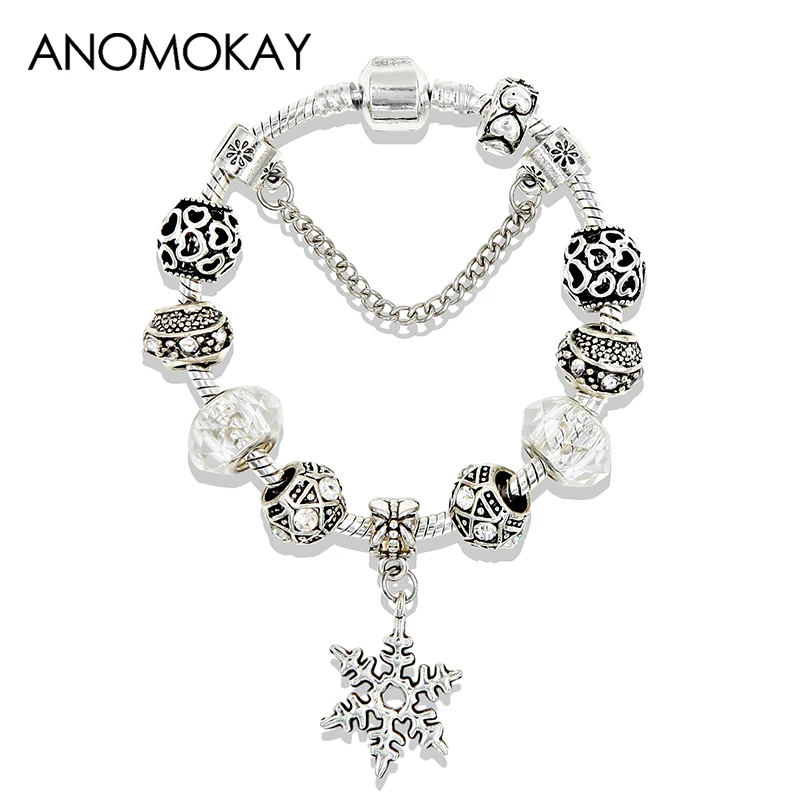 

Anomokay Silver Color Snowflake Charm Pan Bracelets & Bangles European Friendship Crystal Bead Bracelets Pulseira Feminina