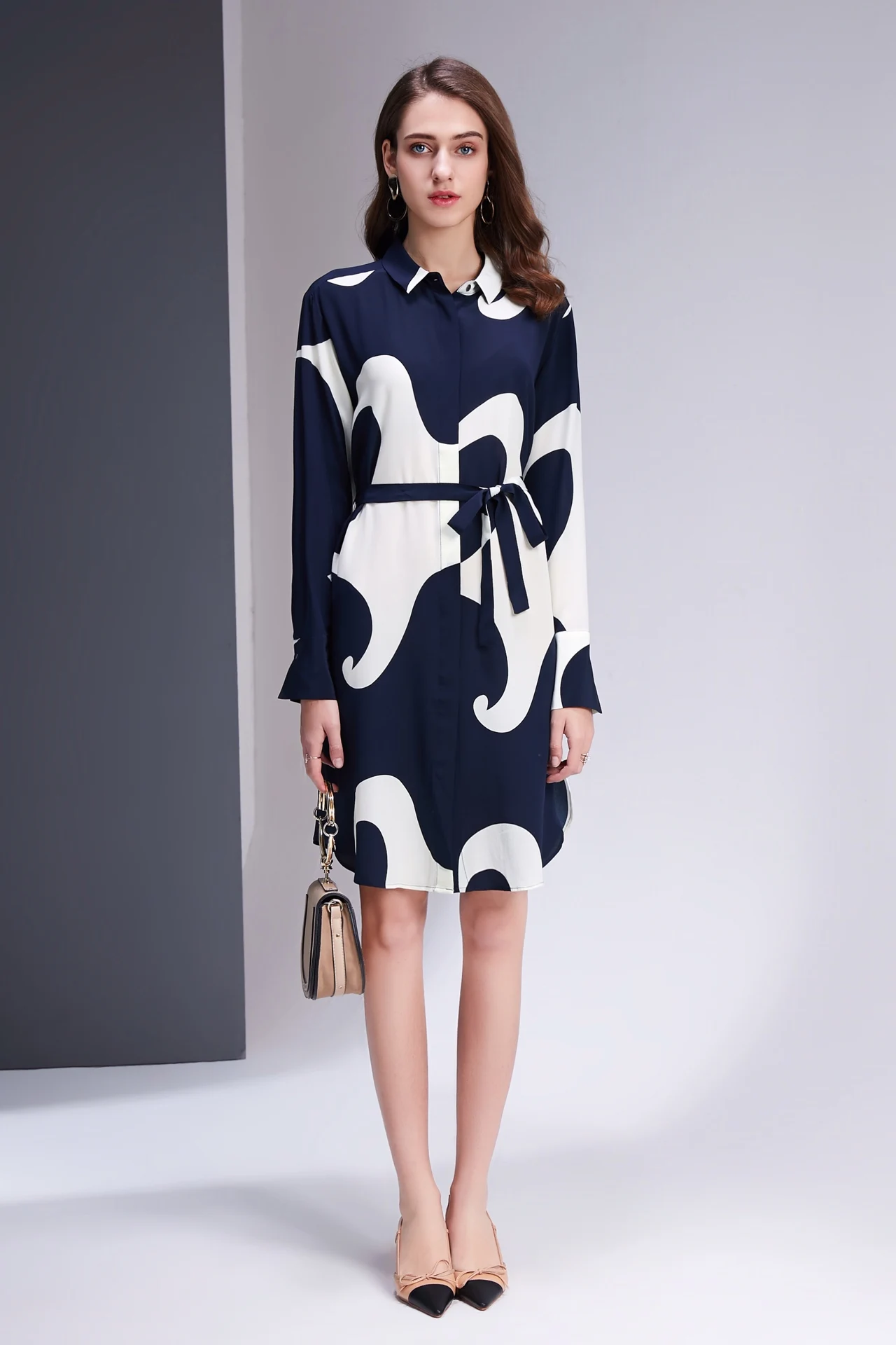

2019 New 100% Silk Full Sleeve Bow Turn-down Collar 1 Color 3 Size Women's Dresses