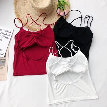 

Sexy Women Sleeveless Strappy Cross back Solid Vest Crop Bustier Pierced Black/White Camisole Bandage Bra Tops Shirt